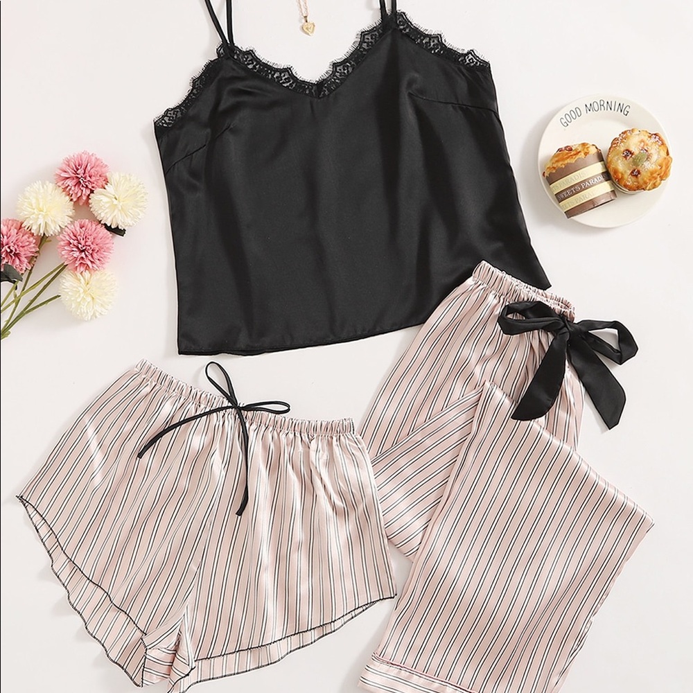 3pcs contrast  lace stripe knot pj set